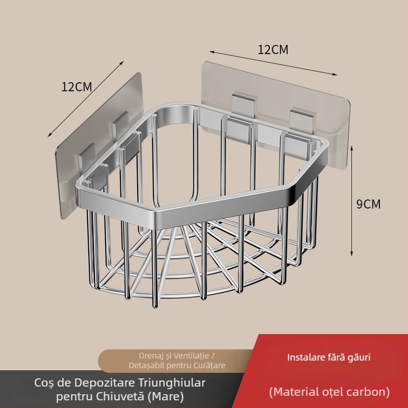 Suport colț din oțel inoxidabil pentru bureți la chiuveta bucătărie, montaj fără găuri, raft triunghiular de scurgere