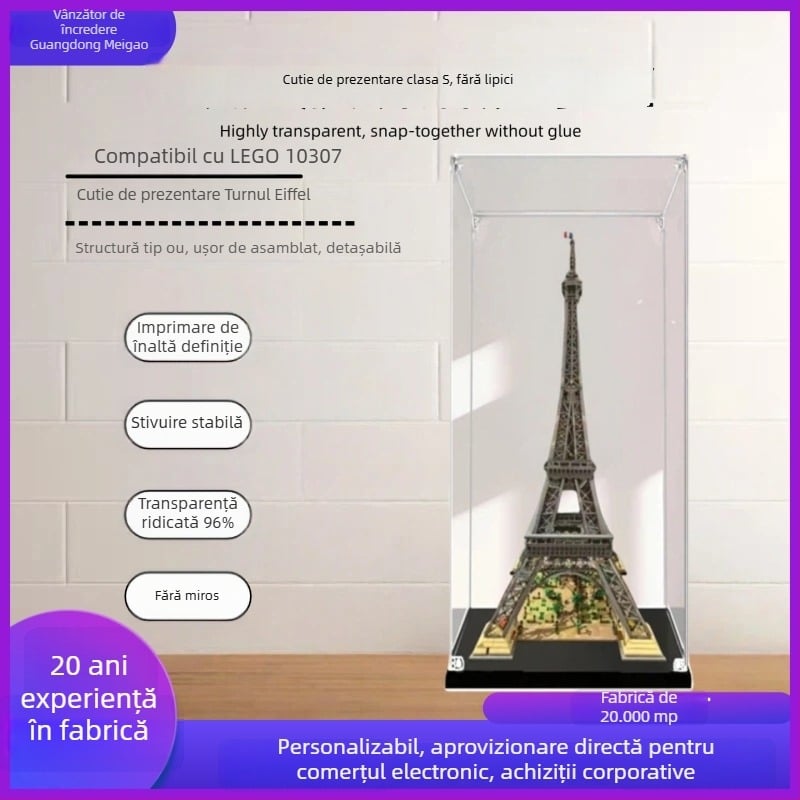 Cutie de expunere acrilică pentru LEGO 10307 – Turnul Eiffel din Paris, cutie transparentă anti-praf pentru figurine