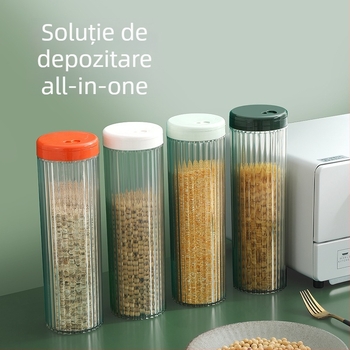 Borcan circular sigilat pentru depozitare cereale, paste, făină și gustări, capacitate 1–2 L, material PET+PP