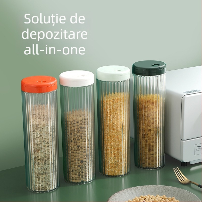Borcan circular sigilat pentru depozitare cereale, paste, făină și gustări, capacitate 1–2 L, material PET+PP