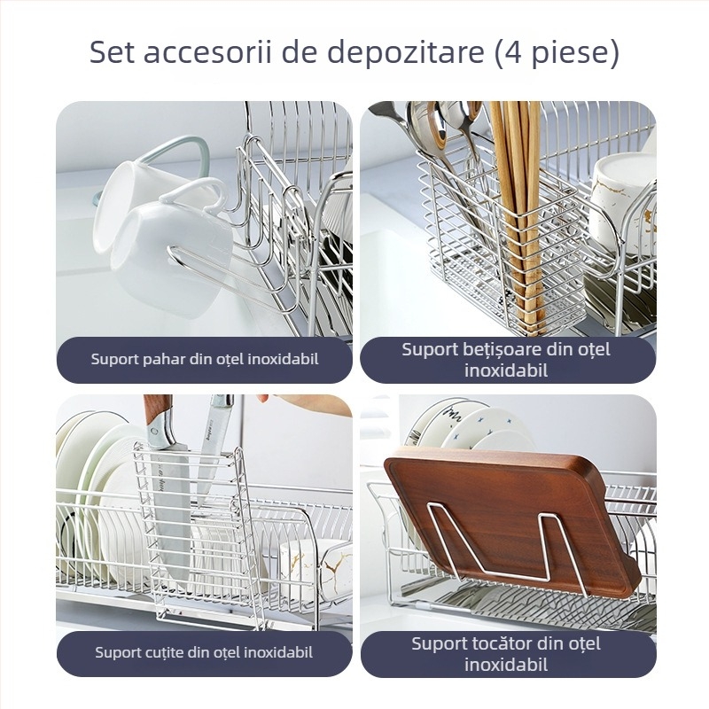 Raft de bucătărie din oțel inoxidabil, suport multifuncțional pentru vase, farfurii și tacâmuri, drenaj