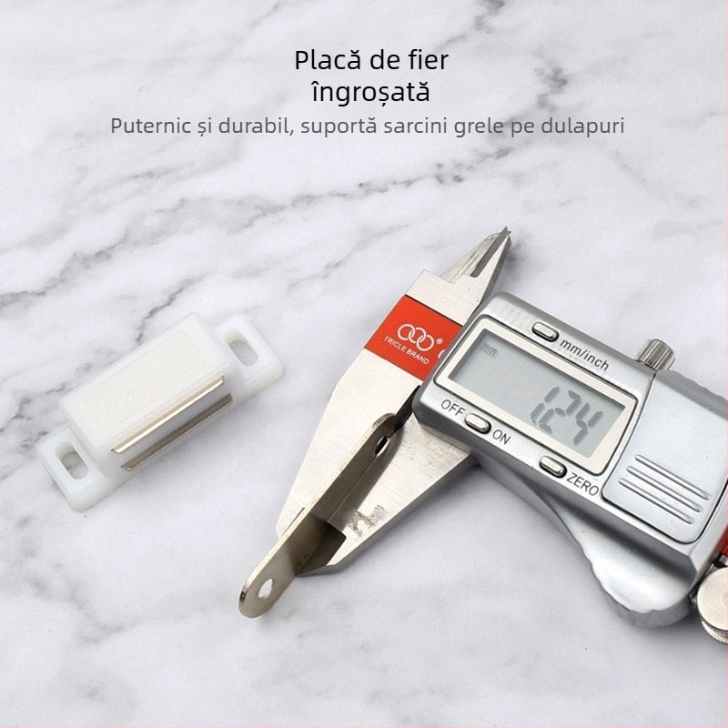 Prindere magnetică pentru ușă de dulap alb, mică, fixare cu șuruburi
