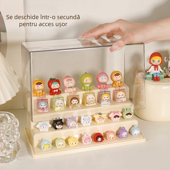 Vitrină acrilică de afișare pentru păpuuțe și figurine miniaturi, transparentă, de birou, stil modern minimalist, capacitate de 1 L, poate fi stivuită.