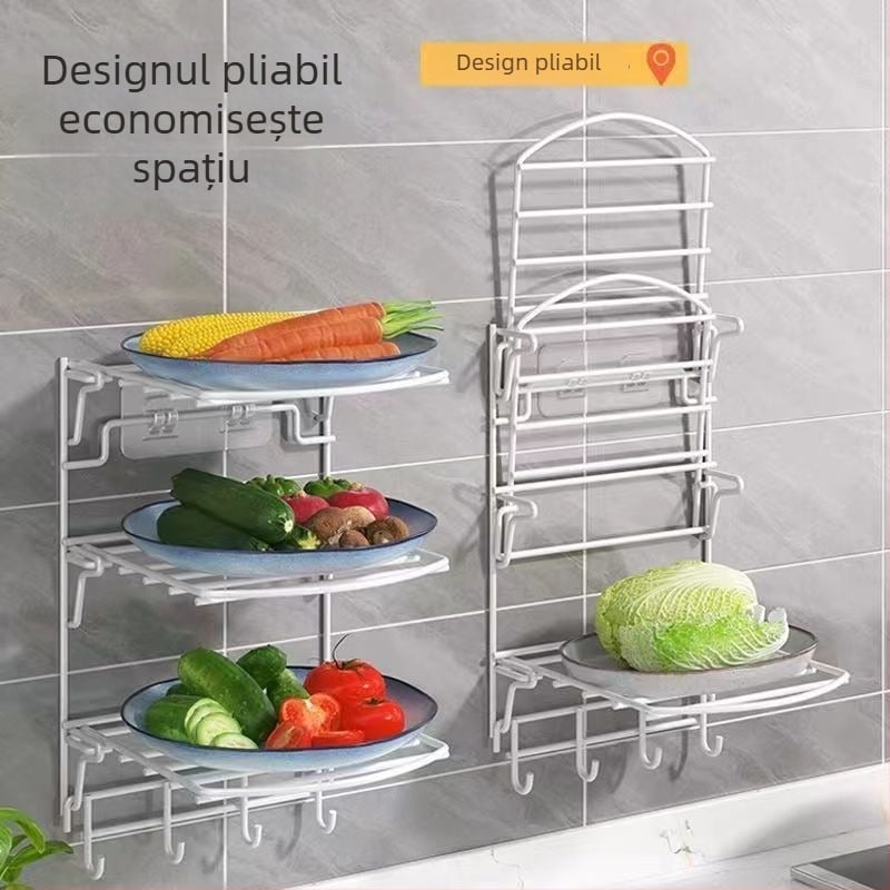 Raft de bucătărie pliabil montat pe perete pentru fructe și legume, cu mai multe niveluri, montaj fără găuri