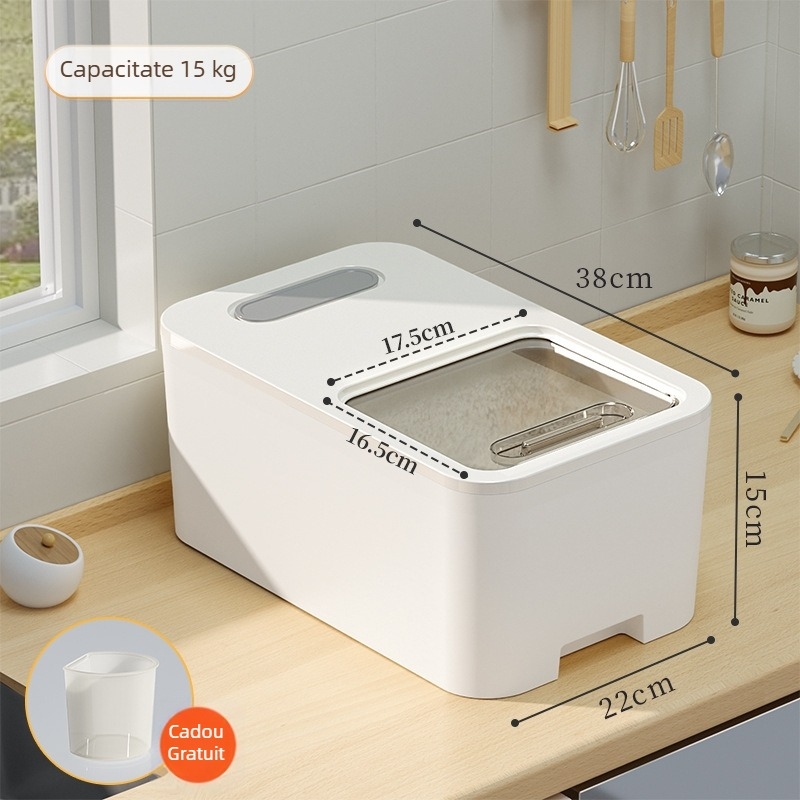 Recipient sigilat pentru orez, protecție împotriva insectelor și umezelii, 8–9 L, pentru orez, făină și produse uscate, design modern minimalist.