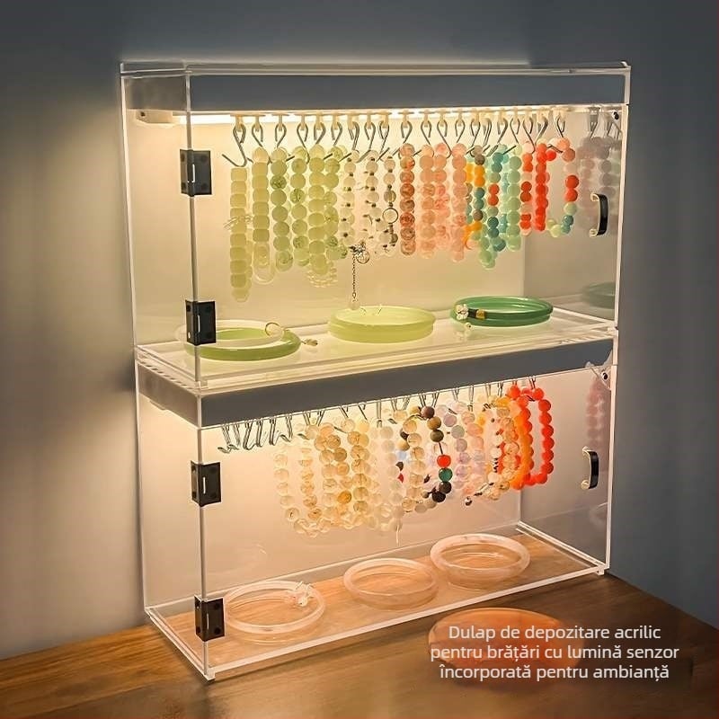 Suport de prezentare pentru brățări din acrilic transparent, display multistrat, cutie de depozitare pentru bijuterii cu iluminare