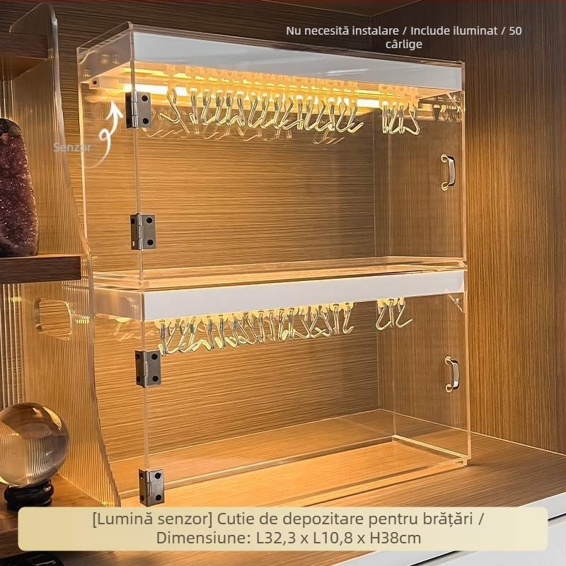 Suport de prezentare pentru brățări din acrilic transparent, display multistrat, cutie de depozitare pentru bijuterii cu iluminare