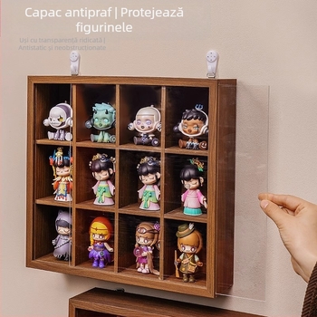 Raft de depozitare pentru Blind Box din lemn, textură nuc, protecție împotriva prafului, montaj pe perete fără găuri, 12 compartimente, stil Chinezesc Nou