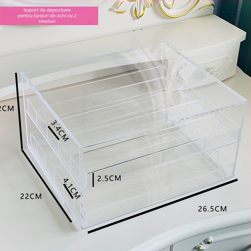 Organizator de cosmetic din acril cu capac și compartimente pentru ruj, fard de ochi și blush; protecție împotriva prafului, design modern, model în carouri, capacitate 12 L.