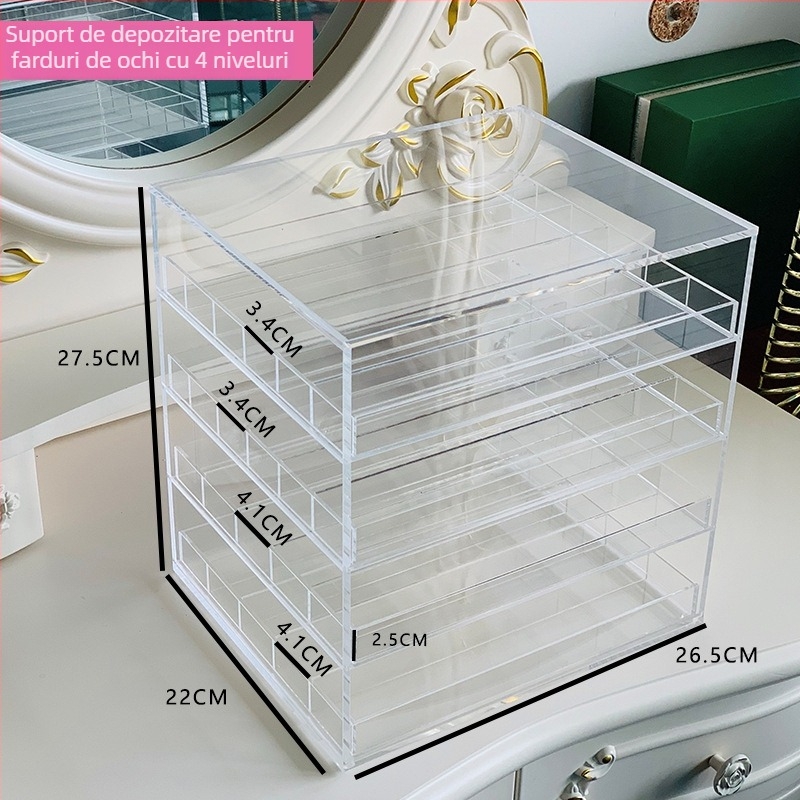 Organizator de cosmetic din acril cu capac și compartimente pentru ruj, fard de ochi și blush; protecție împotriva prafului, design modern, model în carouri, capacitate 12 L.