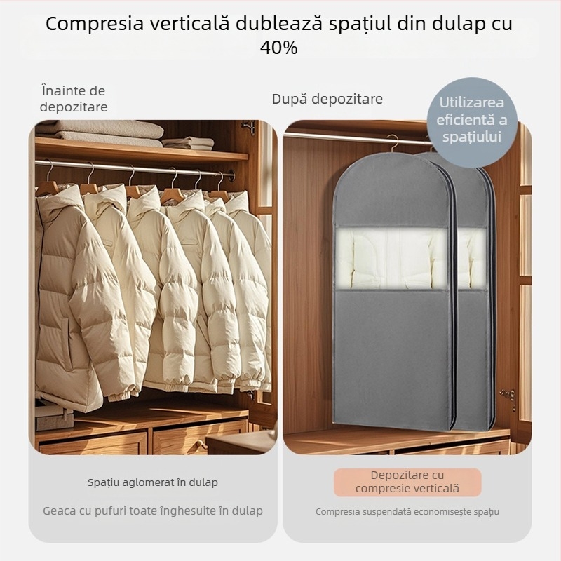 Husă transparentă pentru haine de iarnă, de tip agățat — husă de compresie pentru garderobă, spațiu mare pentru paltoane și costume