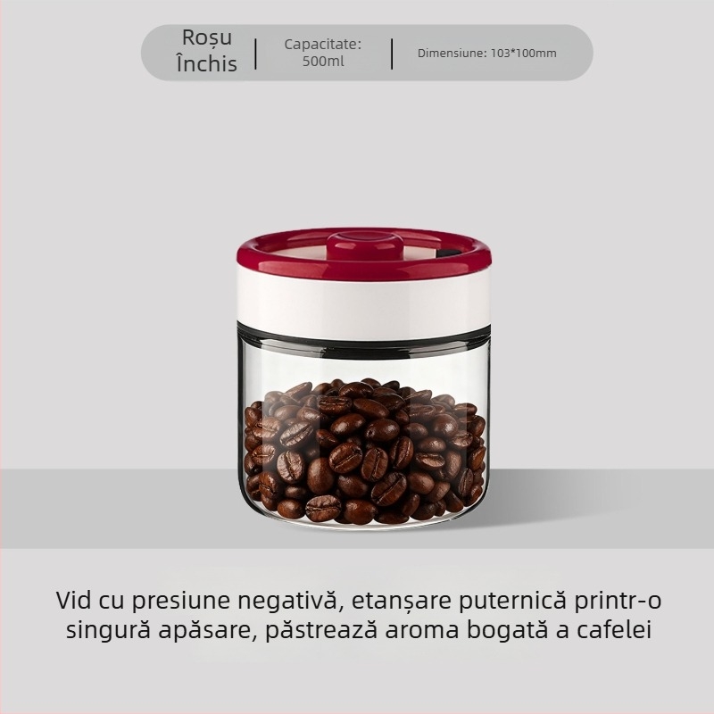 Recipient din sticlă sigilat cu vid pentru boabe de cafea, capac roșu și alb, potrivit pentru depozitare ceai, cereale și fructe uscate, capacitate 501–800 ml