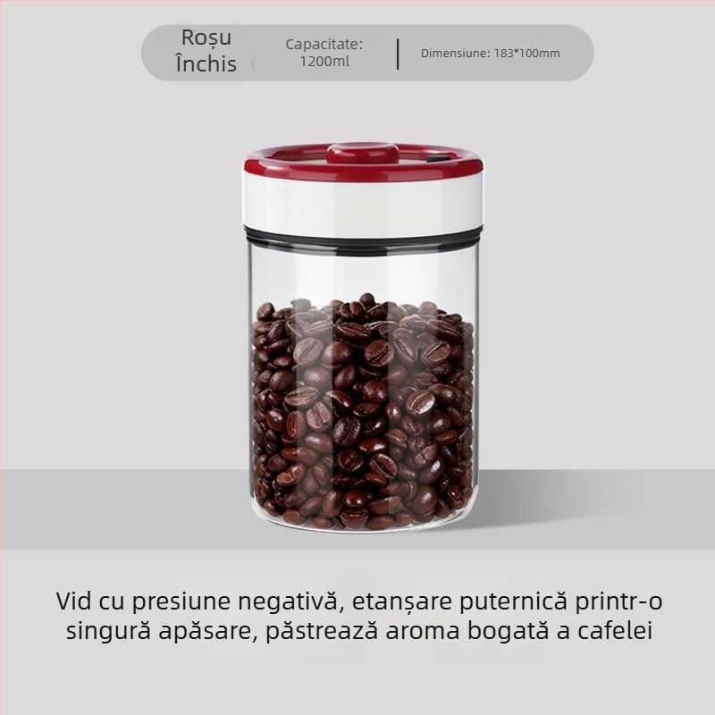 Recipient din sticlă sigilat cu vid pentru boabe de cafea, capac roșu și alb, potrivit pentru depozitare ceai, cereale și fructe uscate, capacitate 501–800 ml