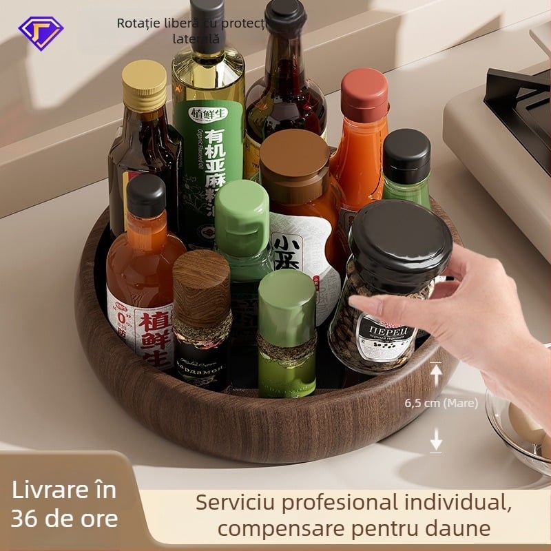 Rotativ pentru condimente – capacitate mare, suport de bucătărie pentru sticle de ulei, sare, sos și oțet, tavă organizator din plastic