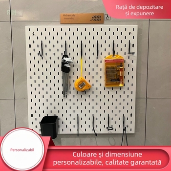 Sistem personalizabil de depozitare pe perete din metal perforat, montaj fără găuri în perete