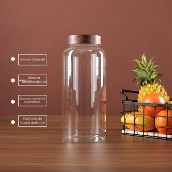 Vas din sticlă borosilicat cu capac din lemn de salcâm, gură largă, pentru ceai și depozitare coajă uscată de mandarină