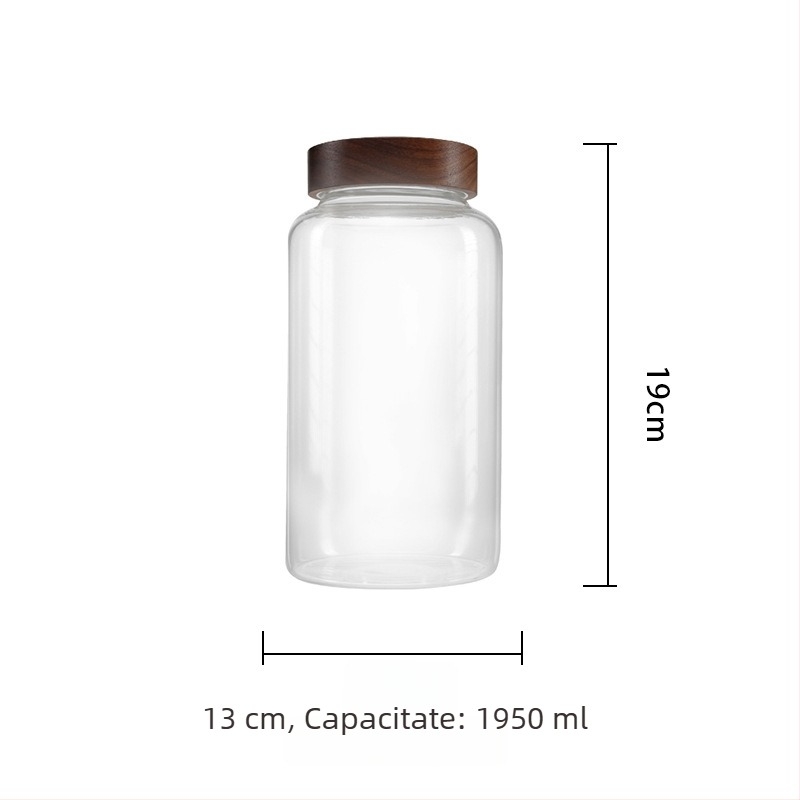 Vas din sticlă borosilicat cu capac din lemn de salcâm, gură largă, pentru ceai și depozitare coajă uscată de mandarină