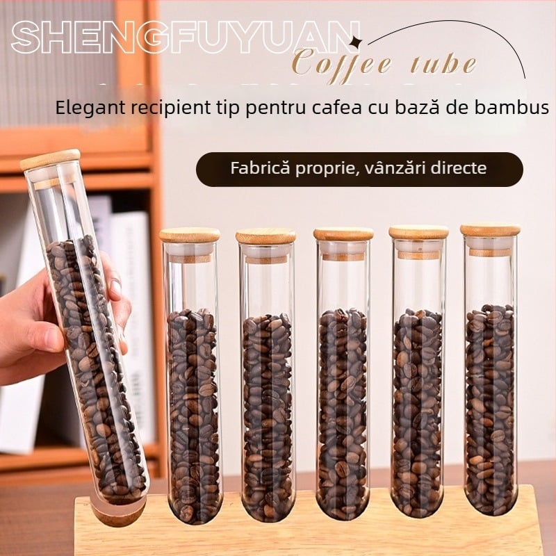 Borcan din sticlă pentru boabe de cafea, capac din bambus etanș, 150 ml, depozitare în stil japonez