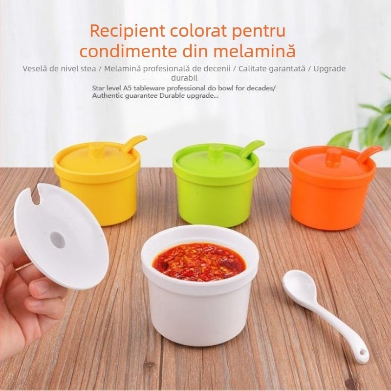 Cutie colorată din plastic, rezistentă la cădere, cu capac și linguriță, pentru bucătărie de restaurant, borcan cu chili pentru preparate de tăiței și preparate picante