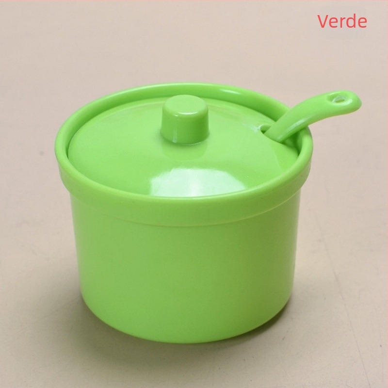 Cutie colorată din plastic, rezistentă la cădere, cu capac și linguriță, pentru bucătărie de restaurant, borcan cu chili pentru preparate de tăiței și preparate picante