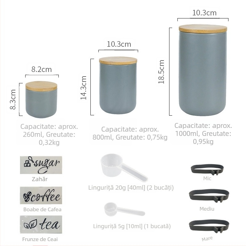 Set din trei borcane ceramice sigilate pentru bucătărie, cu lingură – borcane pentru cafea, zahăr și cereale