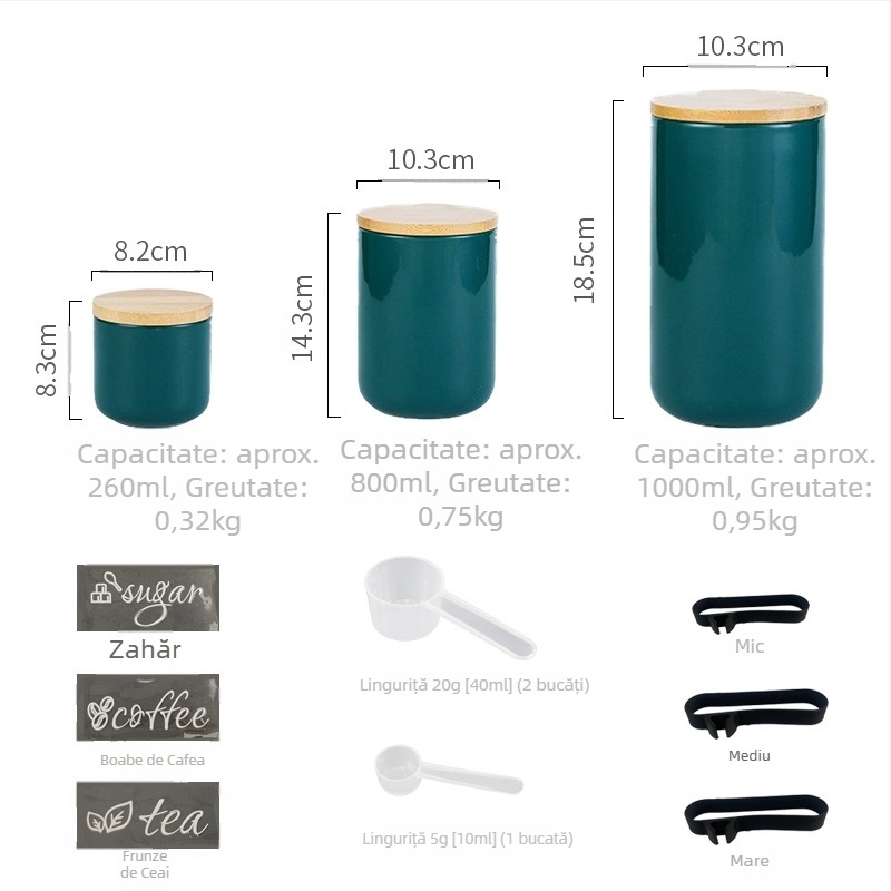 Set din trei borcane ceramice sigilate pentru bucătărie, cu lingură – borcane pentru cafea, zahăr și cereale