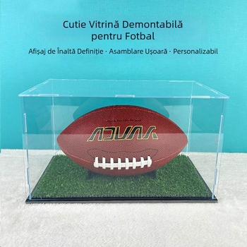Casetă de afișare pentru fotbal din acrilic, transparentă, cu bază detașabilă de iarbă artificială