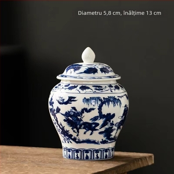 Recipient ceramic cu capac pentru ceai, Pu'er și ceai alb, porțelan albastru-alb, stil retro