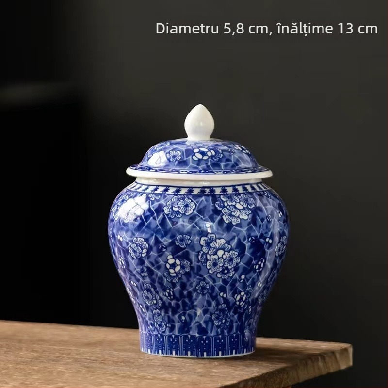 Recipient ceramic cu capac pentru ceai, Pu'er și ceai alb, porțelan albastru-alb, stil retro