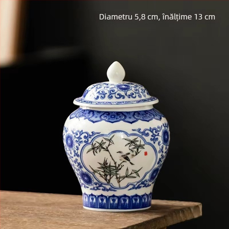 Recipient ceramic cu capac pentru ceai, Pu'er și ceai alb, porțelan albastru-alb, stil retro