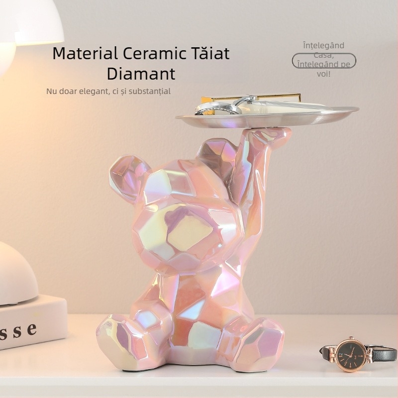 Figură ceramică în formă de urs, cu pușculiță și tavă de depozitare pentru chei și gustări, decor pentru sufragerie și hol