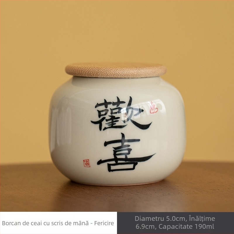Recipient ceramic pentru ceai, mic, portabil, sigilat, capac din bambus glazurat