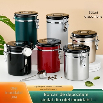 Borcan de depozitare din oțel inoxidabil 304 cu dată, sigilat cu linguriță, pentru cafea boabe, lapte praf, ceai și zahăr