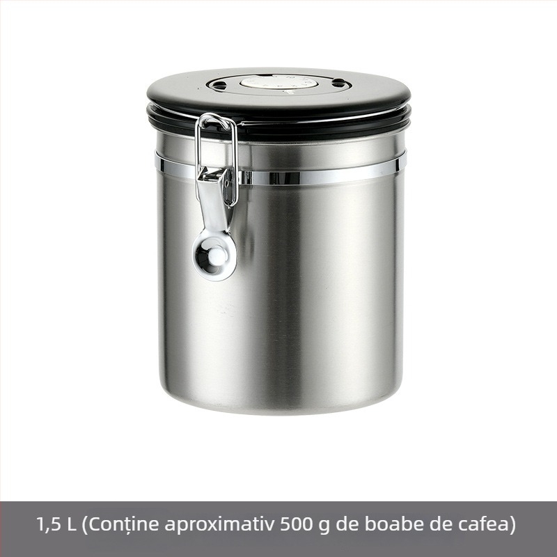 Borcan de depozitare din oțel inoxidabil 304 cu dată, sigilat cu linguriță, pentru cafea boabe, lapte praf, ceai și zahăr