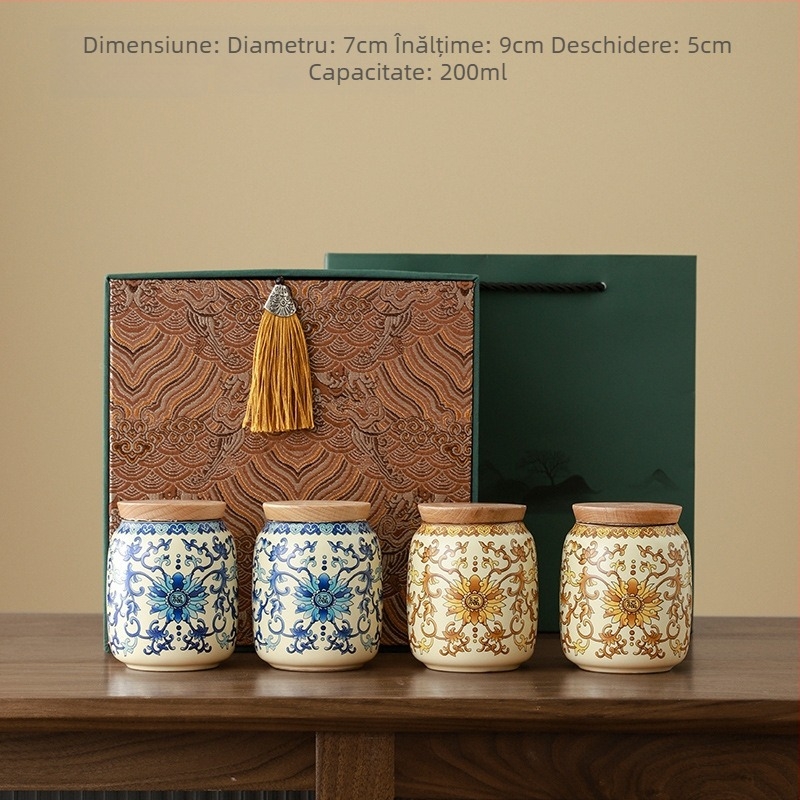 Container ceramic pentru ceai Ru Kiln bej – portabil, sigilat, depozitare ceai, recipient mic pentru ceai cu flori, ambalaj cadou