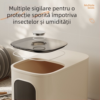 Recipient din plastic pentru depozitare orez, capacitate mare, de calitate alimentară, sigilat, protejat împotriva umezelii și insectelor, cu marcaje de măsurare pentru orez și făină