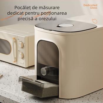 Recipient din plastic pentru depozitare orez, capacitate mare, de calitate alimentară, sigilat, protejat împotriva umezelii și insectelor, cu marcaje de măsurare pentru orez și făină