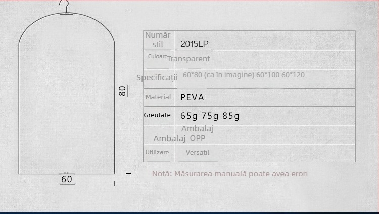 Husă transparentă de protecție împotriva prafului pentru haine, cu posibilitatea de a fi atârnată, lavabilă, pentru costume