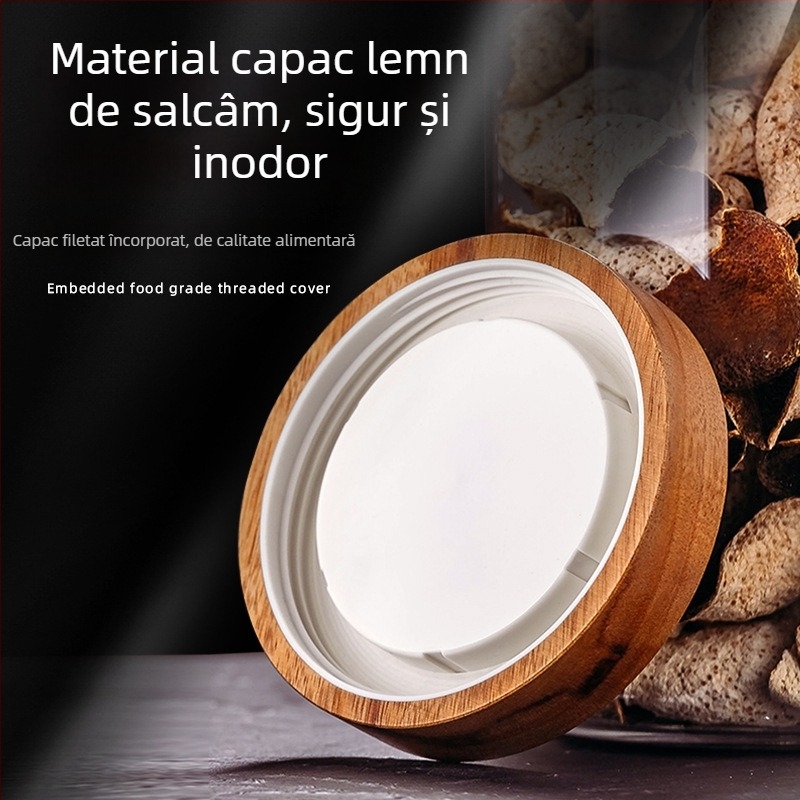 Recipient din sticlă cu capac din lemn de acacia, capacitate mare, etanș pentru ceai, fructe uscate și cereale