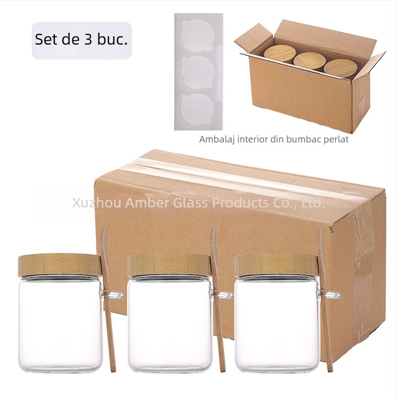 Set de recipiente din sticlă borosilicat cu lingură pentru overnight oats, recipiente sigilate pentru depozitare și borcănel pentru gem, 500 ml