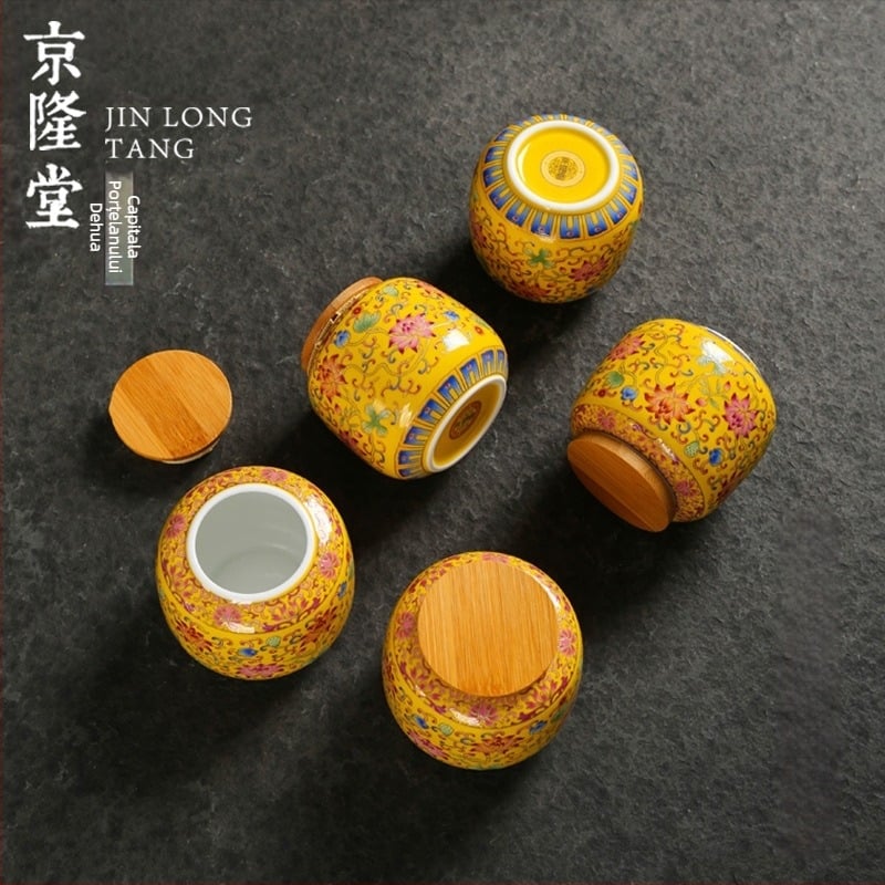 Jinglongtang Set ceramic pentru ceai, borcane mici sigilate pentru ceai, recipiente portabile pentru călătorii, cutie cadou
