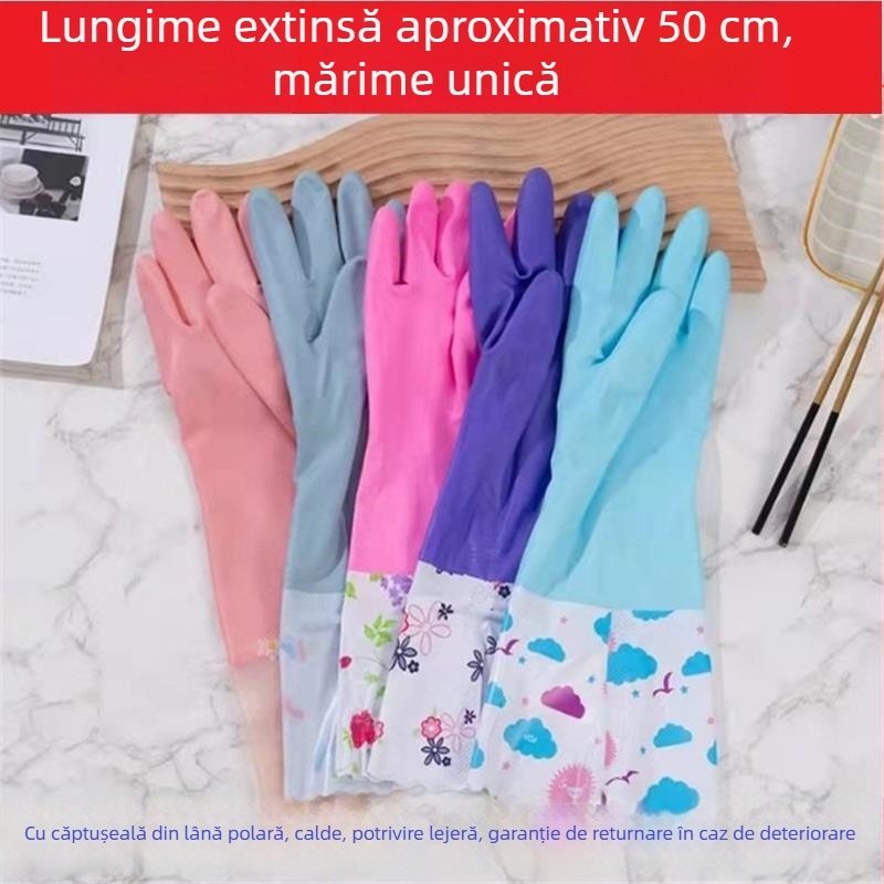 Mănuși lungi Velvet căptușite cu fleece, 30-50 cm, pentru gospodărie: bucătărie, spălat vase și rufe; impermeabile și rezistente la ulei