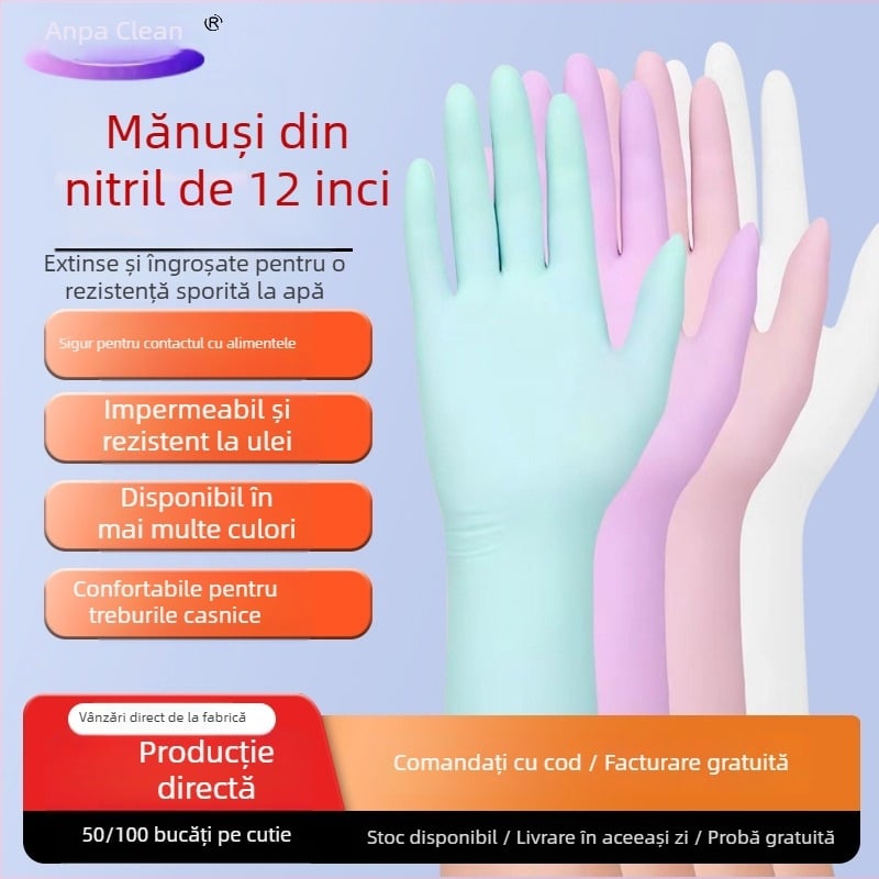 Mănuși nitril, 12 inch, extra-lungi, groase, de calitate alimentară, pentru bucătărie, spălat vase și curățenie casnică, impermeabile și rezistente la ulei
