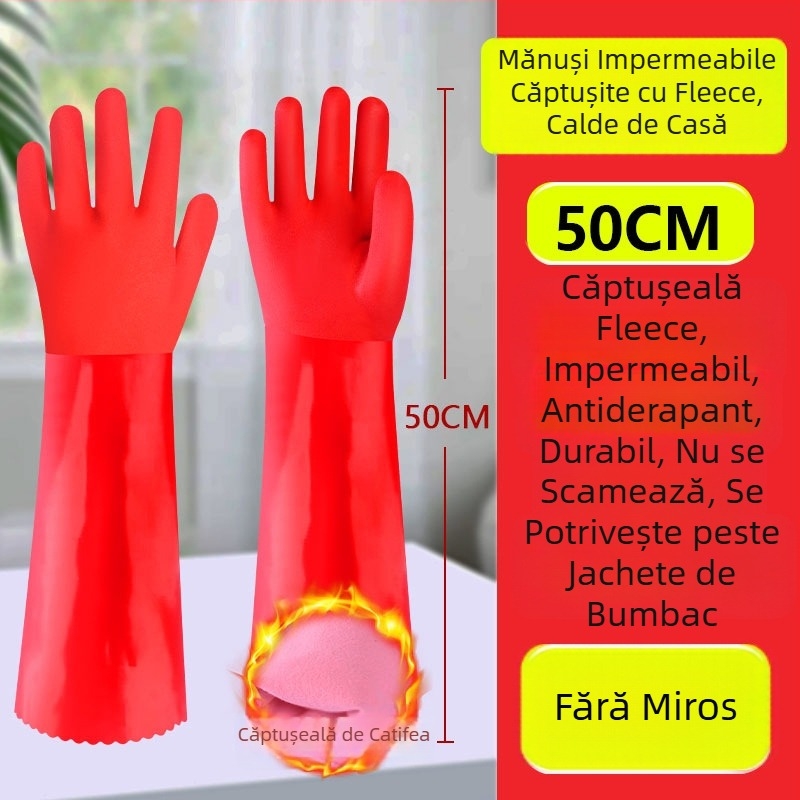 Mănuși de spălat vase, lungi, cu căptușeală velur, pentru bucătărie și uz hotelier, rezistente, mărime feminină