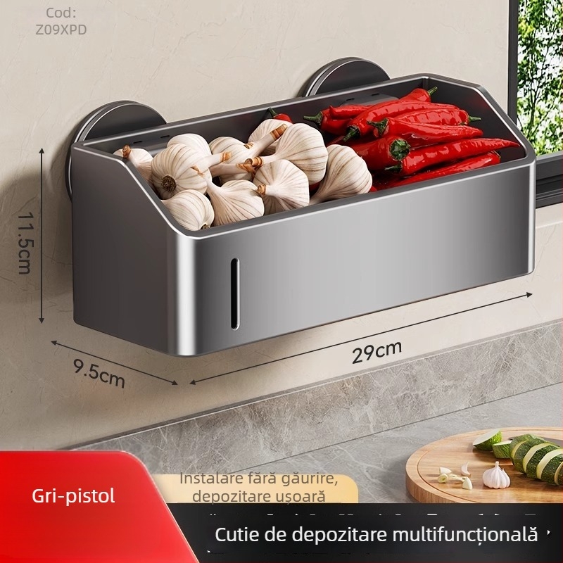 Raft de bucătărie montat pe perete, cu ventuze, pentru ceapă, ghimbir și usturoi