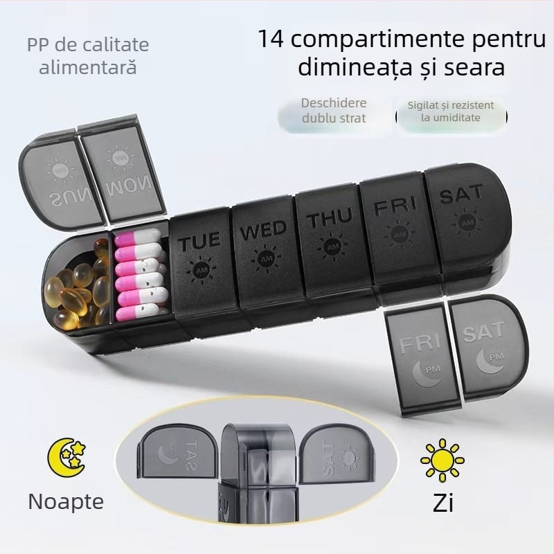 Cutie de medicamente portabilă, cu 14 compartimente, din plastic, capac