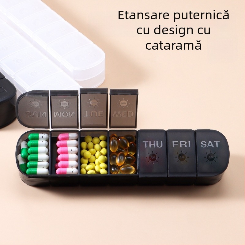 Cutie de medicamente portabilă, cu 14 compartimente, din plastic, capac