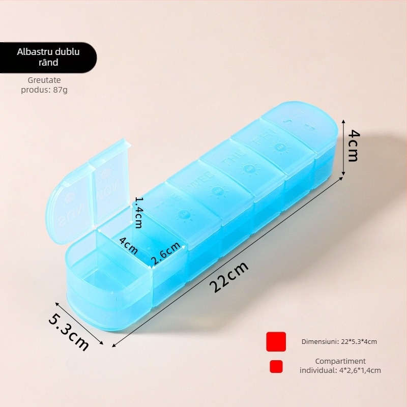Cutie de medicamente portabilă, cu 14 compartimente, din plastic, capac