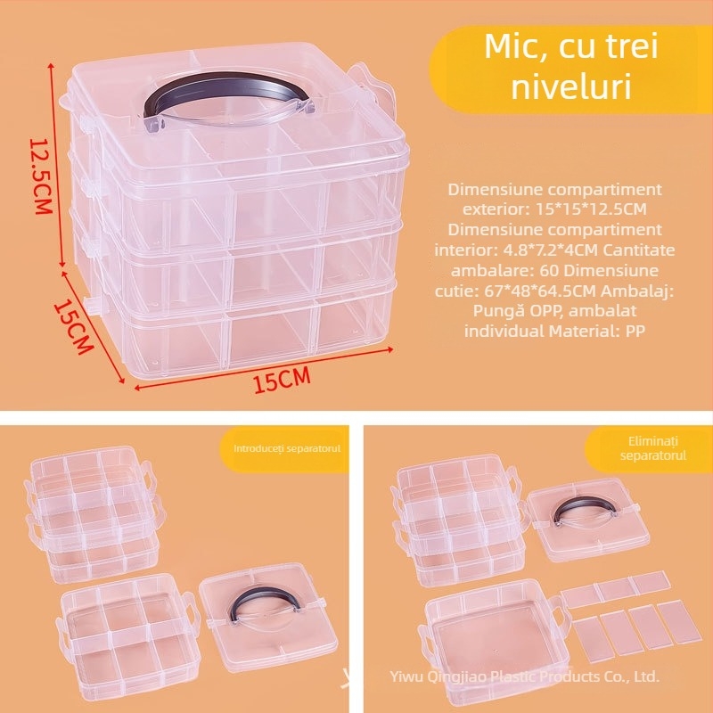 Cutie de depozitare pentru jucării pentru copii, cu trei etaje, transparentă, cu capac, din plastic