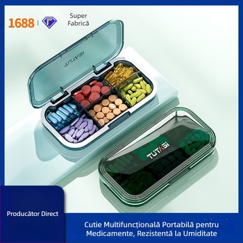 Cutie portabilă pentru pastile, cu compartimente separate, capacitate de șapte zile, rezistentă la umezeală, depozitare compactă pentru medicamente.